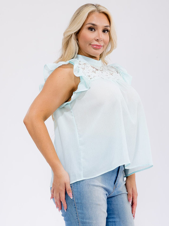 PLUS SIZE RUFFLE SLEEVE LACE DETAILED LOOSE FIT BLOUSE