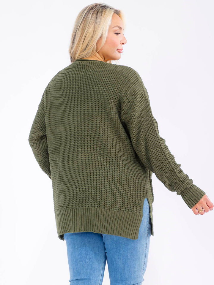 PLUS SIZE LONG SLEEVE FRONT POCKETS OPEN FRONT KNITTED CARDIGAN