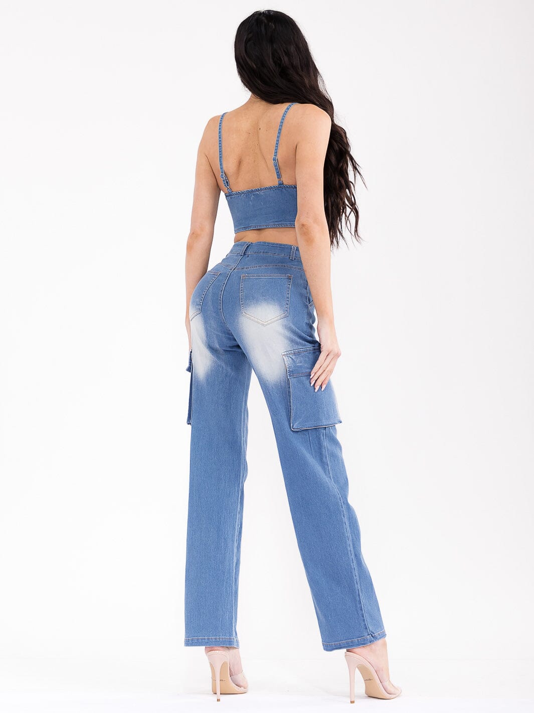 WOMEN'S SLEEVELESS TOP & BUTTON CLOSURE PANTS WASHED DENIM 2PC. SET