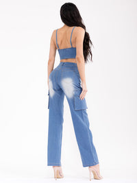 WOMEN'S SLEEVELESS TOP & BUTTON CLOSURE PANTS WASHED DENIM 2PC. SET