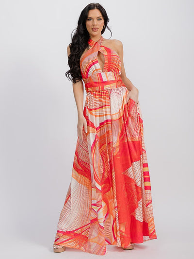 WOMEN'S SLEEVELESS HALTER NECK FRONT POCKETS PRINTED WIDE LEG JUMPSUIT
