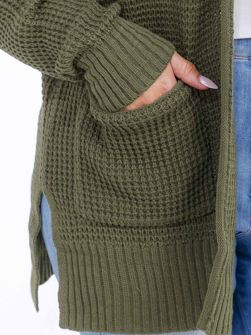 PLUS SIZE LONG SLEEVE FRONT POCKETS OPEN FRONT KNITTED CARDIGAN