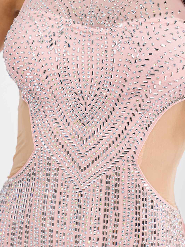 WOMEN'S SLEEVELESS SIDE CUT OUT MESH SEQUINS DETAILED BODYCON MINI DRESS