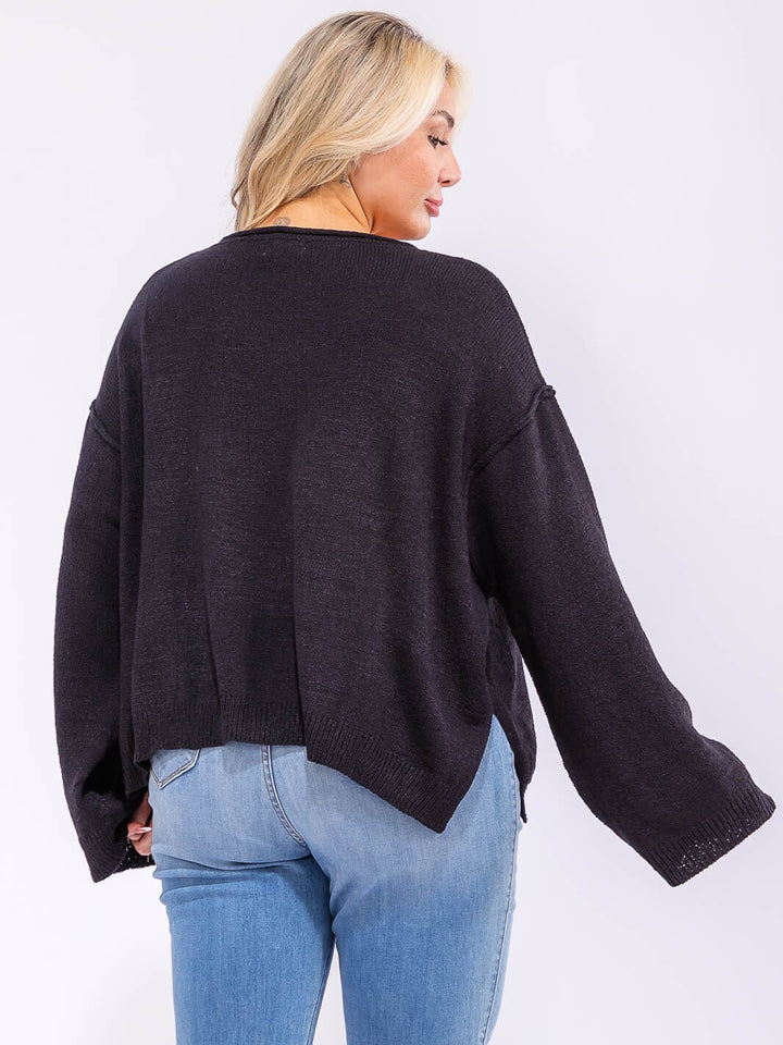 PLUS SIZE LONG SLEEVE FRONT POCKET KNIT PULLOVER SWEATER