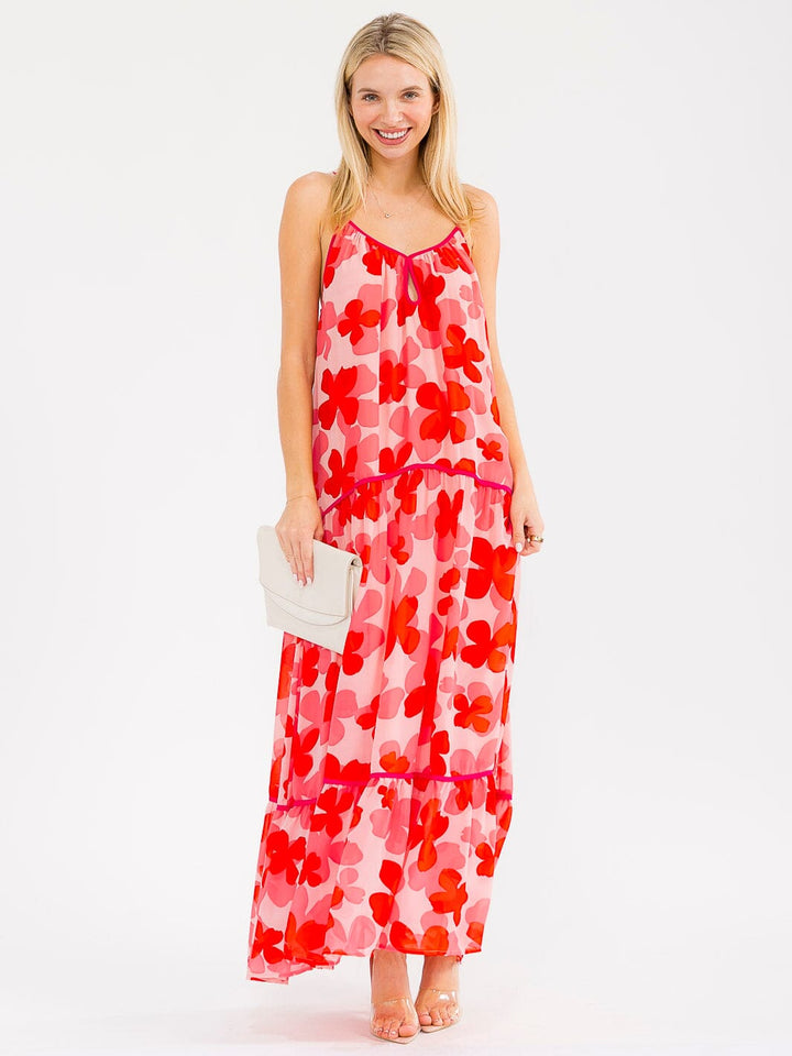WOMEN'S SLEEVELESS OPEN BACK TIERED FLORAL PRINT MAXI DRESS
