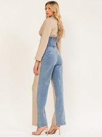 WOMEN'S LONG SLEEVE TOP & BUTTON CLOSURE STRAIGHT LEG PANTS DENIM CONTRAST 2PC. SET