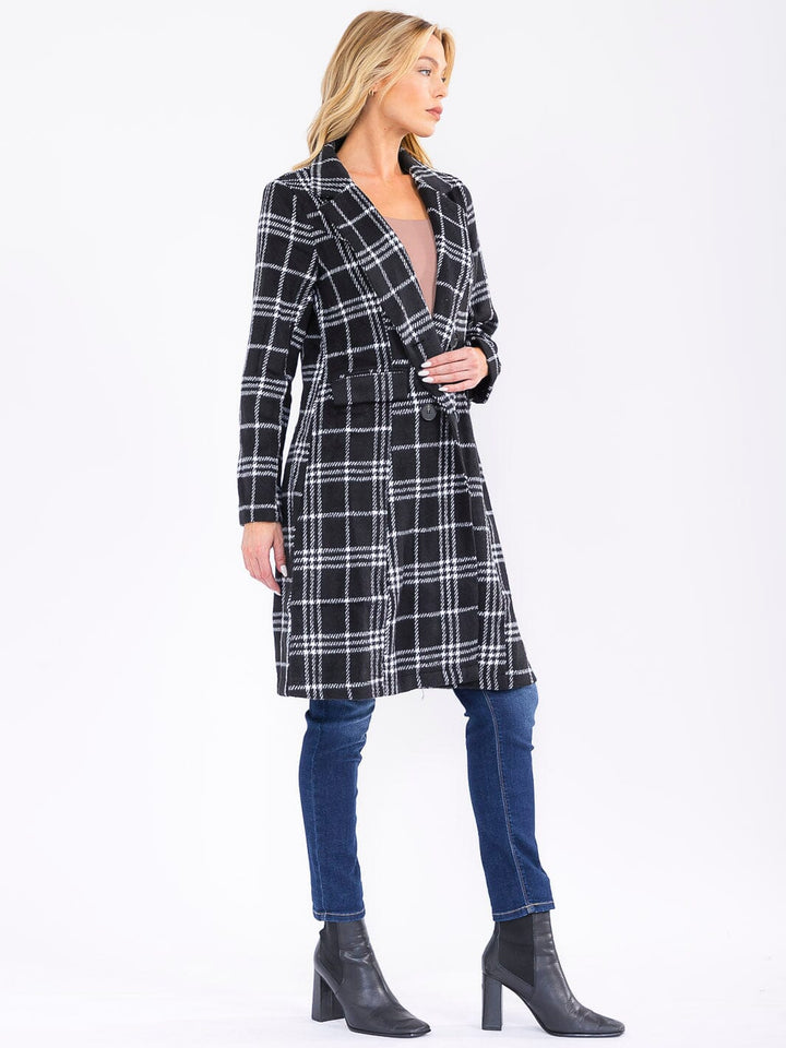 WOMEN'S LONG SLEEVE BUTTON CLOSURE PLAID COAT