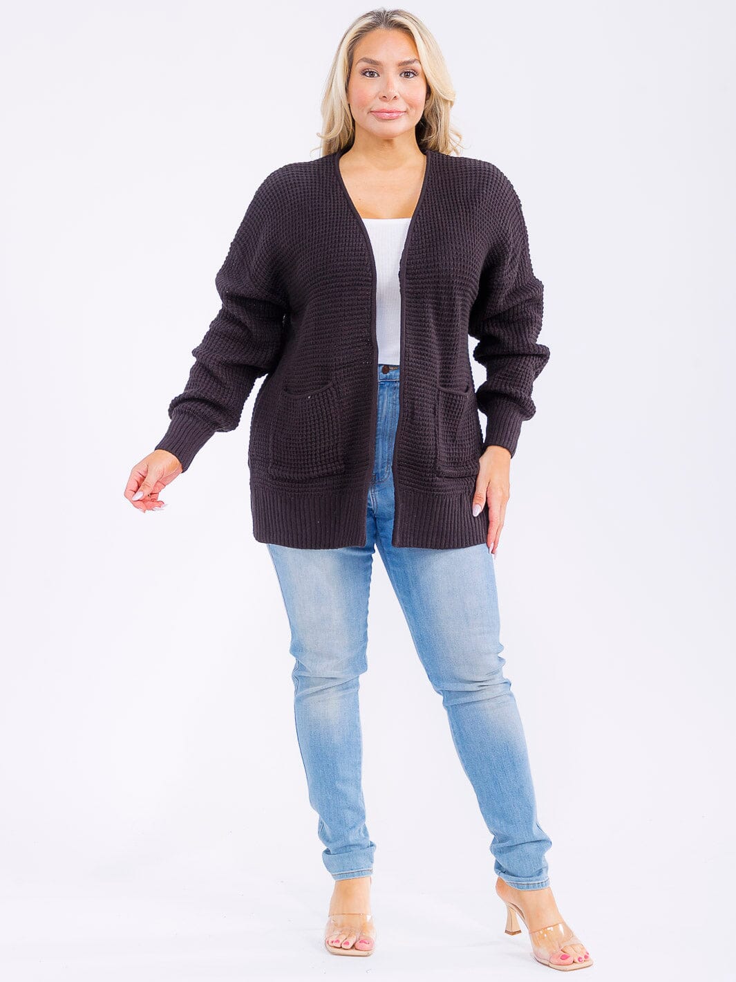 PLUS SIZE LONG SLEEVE FRONT POCKETS OPEN FRONT KNITTED CARDIGAN
