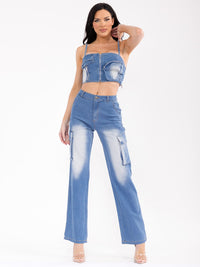 WOMEN'S SLEEVELESS TOP & BUTTON CLOSURE PANTS WASHED DENIM 2PC. SET