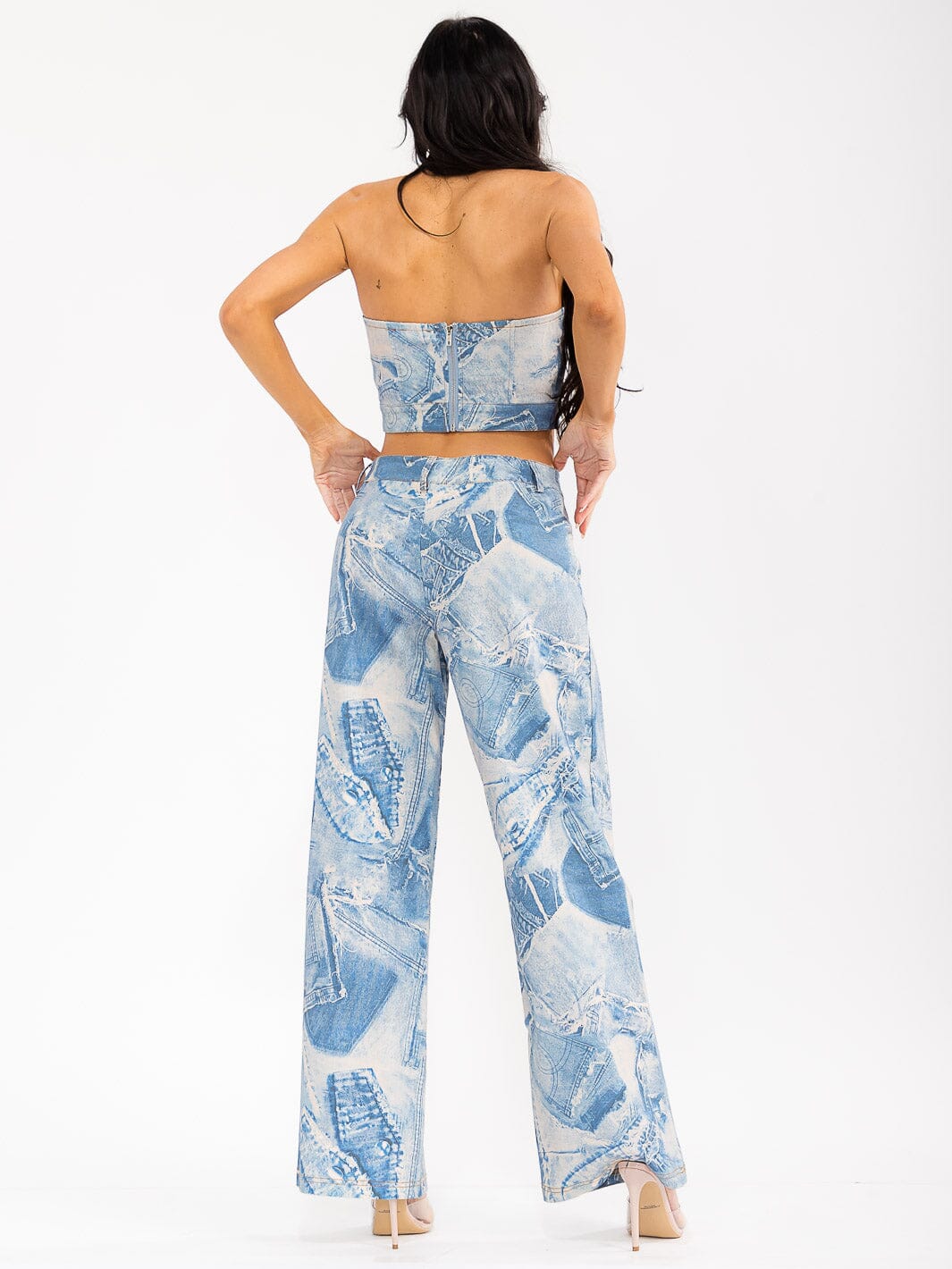 WOMEN'S SLEEVELESS CROP TOP & BUTTON CLOSURE PANTS DENIM PRINT 2PC. SET