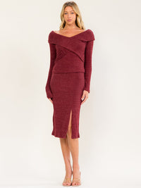 WOMEN'S LONG SLEEVE SURPLICE BLOUSE & ELASTIC WAIST MIDI SKIRT RIBBED 2PC. SET