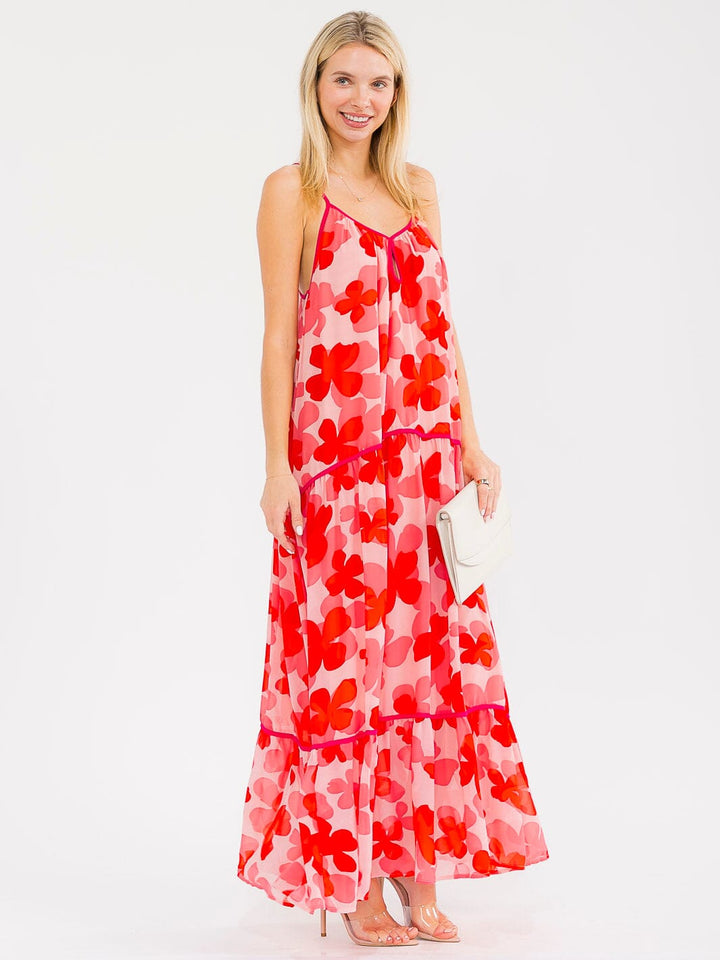 WOMEN'S SLEEVELESS OPEN BACK TIERED FLORAL PRINT MAXI DRESS