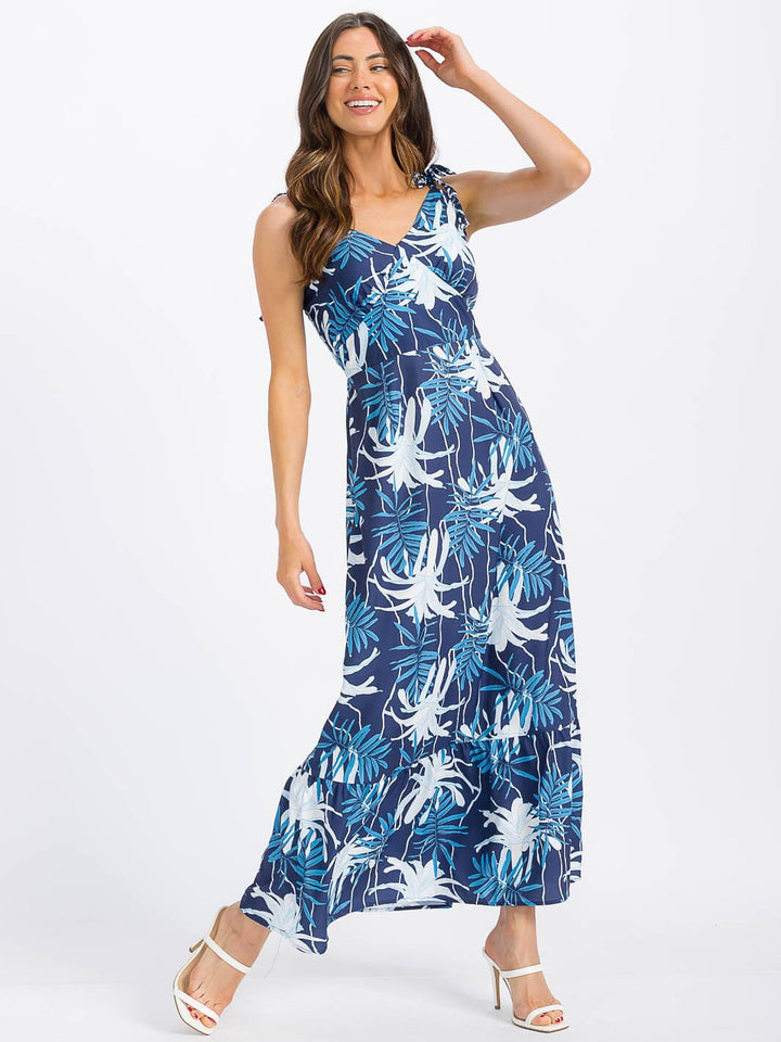 WOMEN'S SLEEVELESS V-NECK SMOCK LEAF PRINT MAXI DRESS