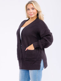 PLUS SIZE LONG SLEEVE FRONT POCKETS OPEN FRONT KNITTED CARDIGAN