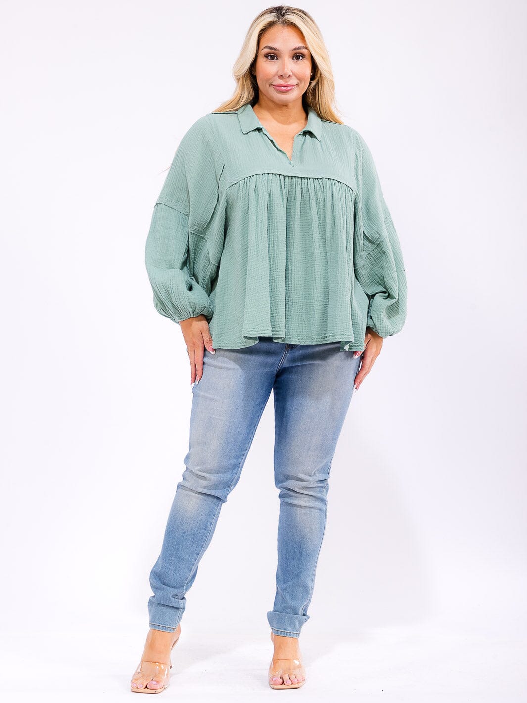 PLUS SIZE LONG SLEEVE V-NECK TUNIC TOP