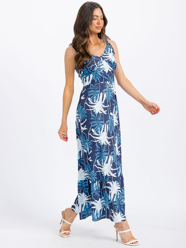 WOMEN'S SLEEVELESS V-NECK SMOCK LEAF PRINT MAXI DRESS