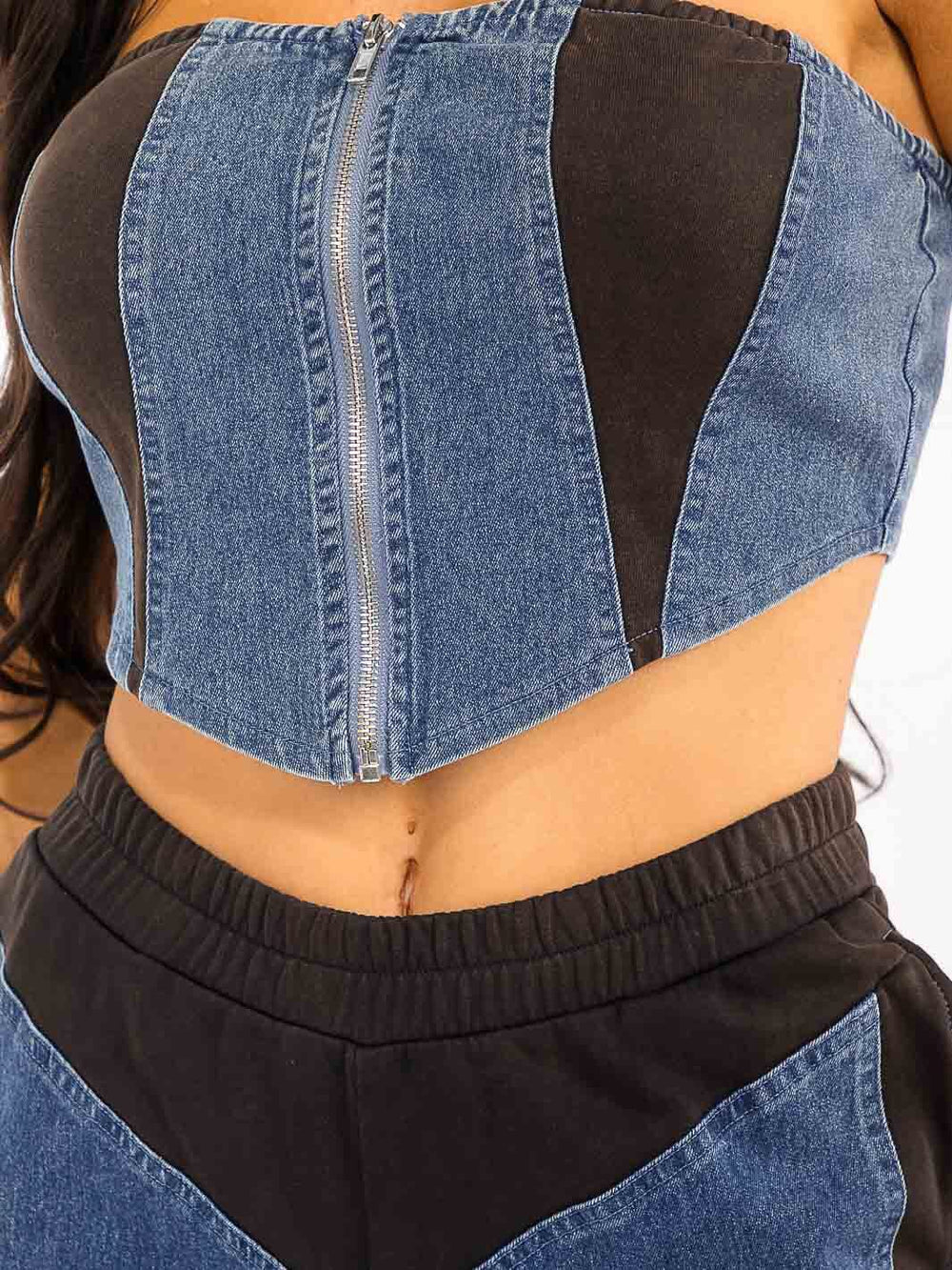 WOMEN'S SLEEVELESS CROP TOP & ELASTIC WAIST PANTS DENIM CONTRAST 2PC. SET