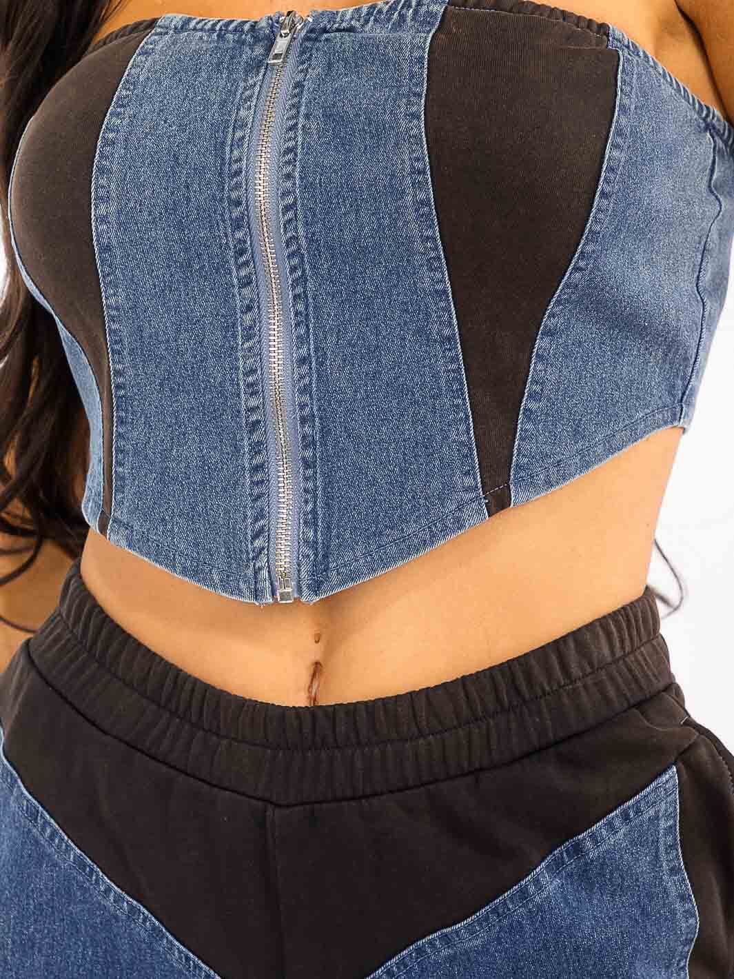 WOMEN'S SLEEVELESS CROP TOP & ELASTIC WAIST PANTS DENIM CONTRAST 2PC. SET