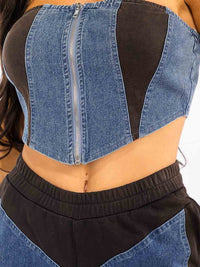 WOMEN'S SLEEVELESS CROP TOP & ELASTIC WAIST PANTS DENIM CONTRAST 2PC. SET