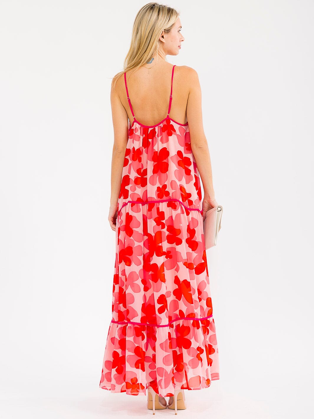 WOMEN'S SLEEVELESS OPEN BACK TIERED FLORAL PRINT MAXI DRESS