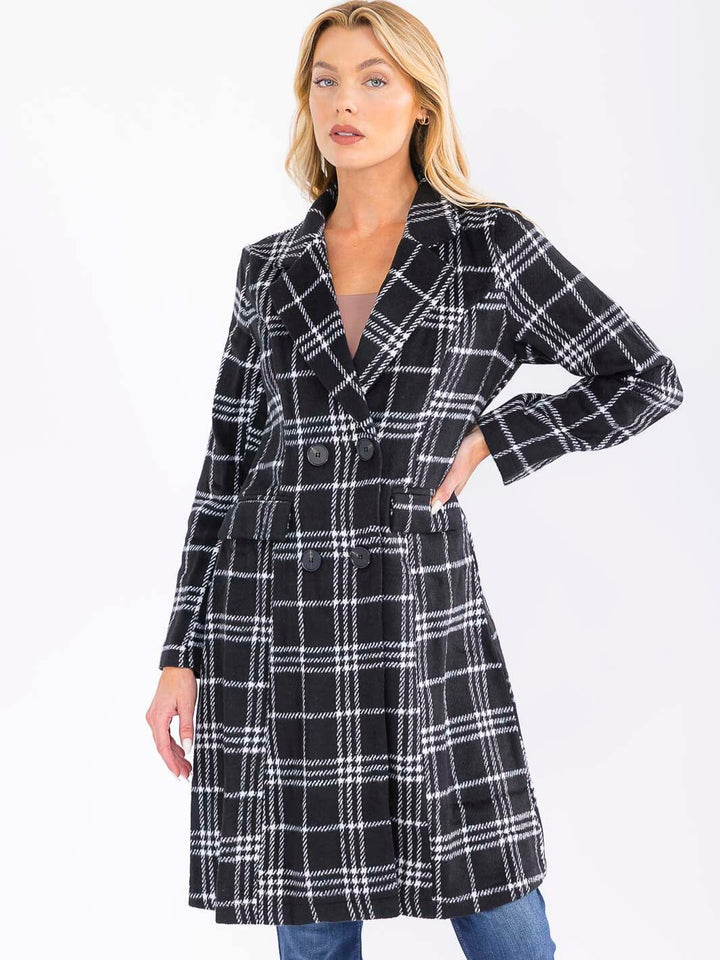 WOMEN'S LONG SLEEVE BUTTON CLOSURE PLAID COAT