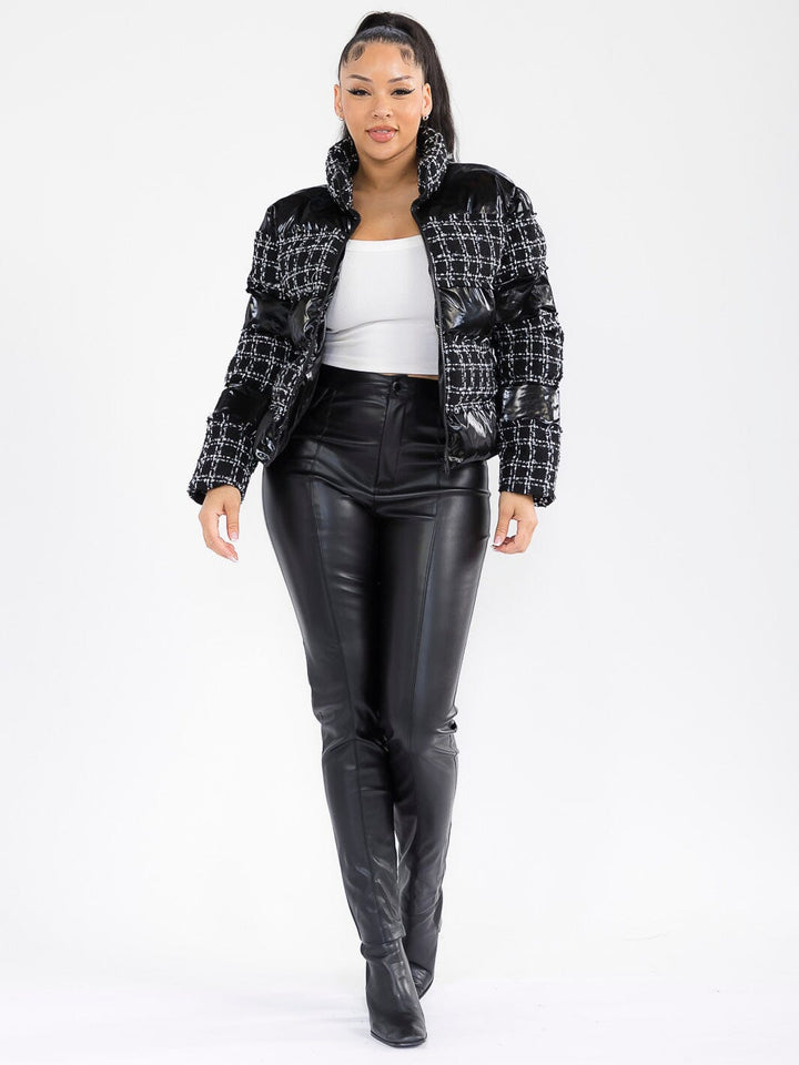 WOMEN'S LONG SLEEVE ZIPPER CLOSURE FRONT POCKETS CONTRAST PUFFER JACKET