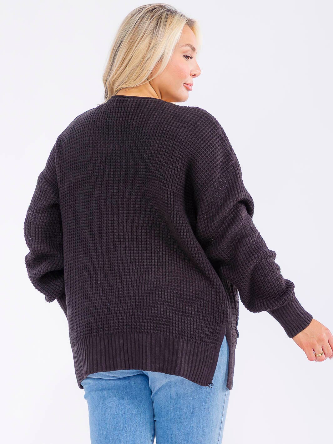 PLUS SIZE LONG SLEEVE FRONT POCKETS OPEN FRONT KNITTED CARDIGAN