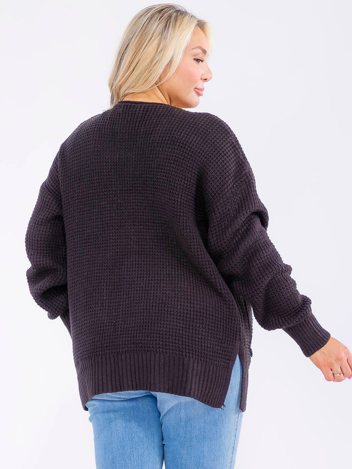 PLUS SIZE LONG SLEEVE FRONT POCKETS OPEN FRONT KNITTED CARDIGAN