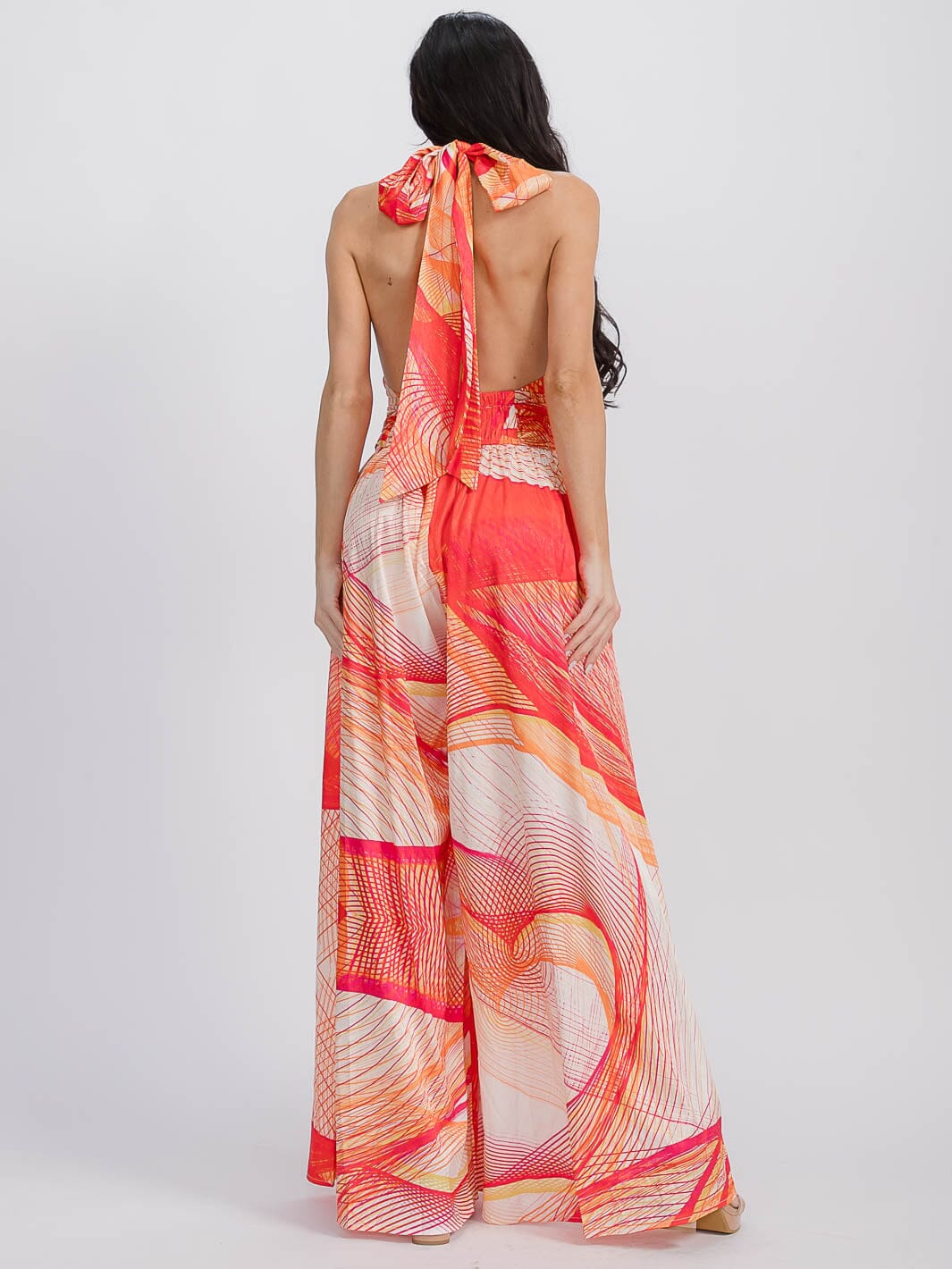 WOMEN'S SLEEVELESS HALTER NECK FRONT POCKETS PRINTED WIDE LEG JUMPSUIT