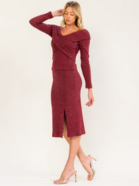WOMEN'S LONG SLEEVE SURPLICE BLOUSE & ELASTIC WAIST MIDI SKIRT RIBBED 2PC. SET