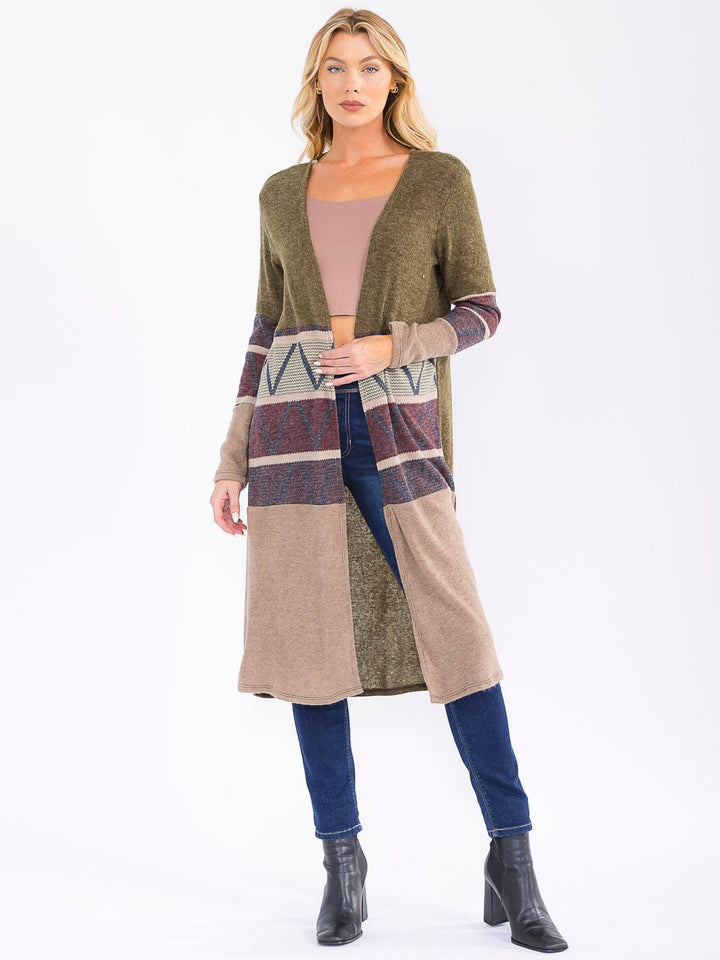 WOMEN'S LONG SLEEVE OPEN FRONT COLORBLOCK PRINTCARDIGAN