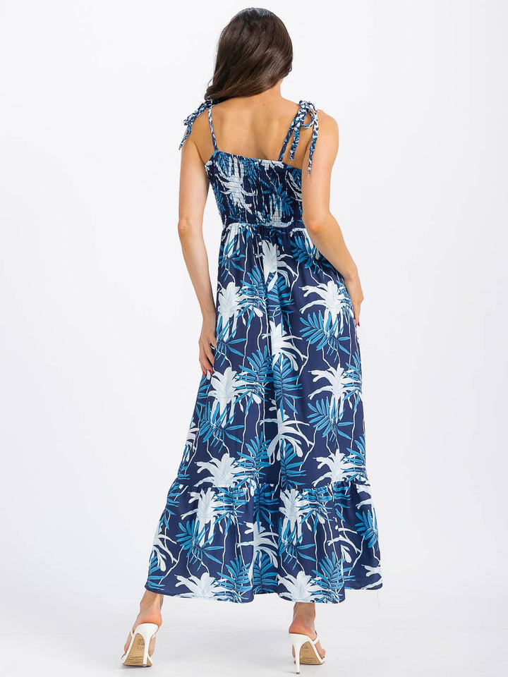WOMEN'S SLEEVELESS V-NECK SMOCK LEAF PRINT MAXI DRESS