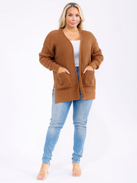PLUS SIZE LONG SLEEVE FRONT POCKETS OPEN FRONT KNITTED CARDIGAN