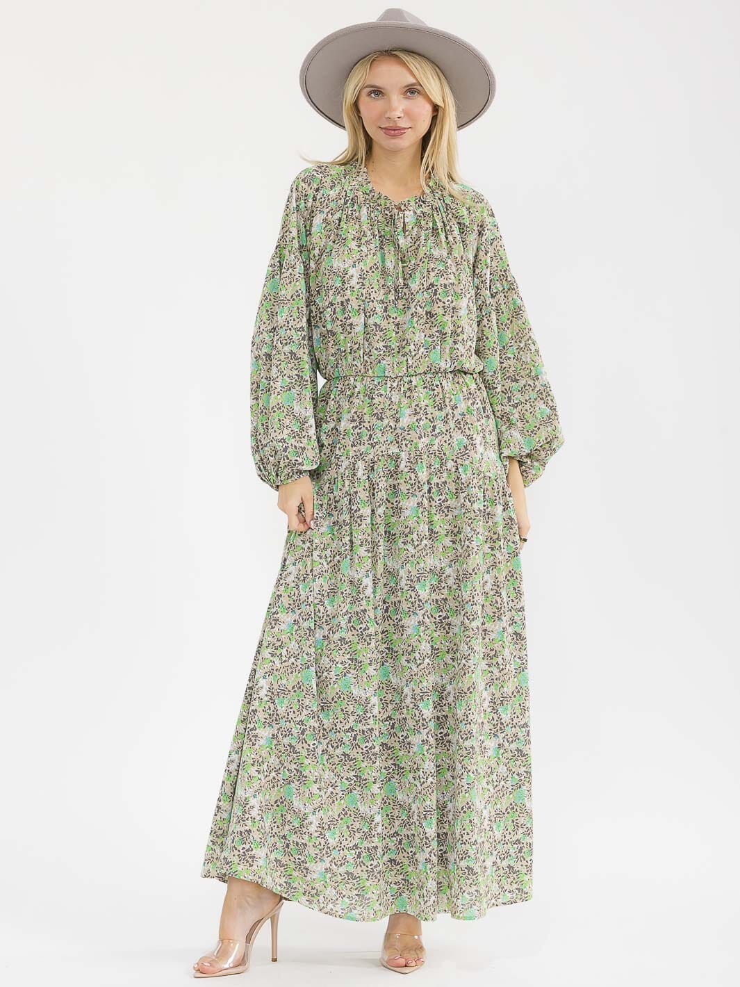 WOMEN'S LONG SLEEVES ELASTIC WAIST FLORAL PRINT MAXI DRESS
