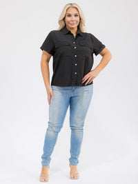 PLUS SIZE SHORT SLEEVE BUTTON UP FRONT POCKETS BLOUSE