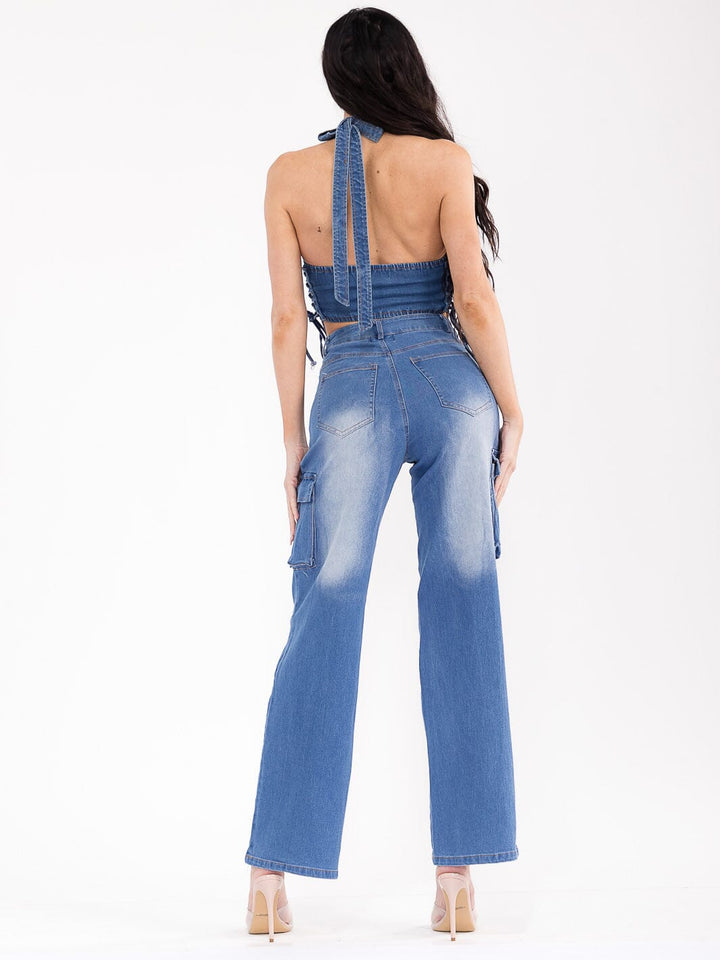 WOMEN'S SLEEVELESS TOP & BUTTON CLOSURE PANTS WASHED DENIM 2PC. SET