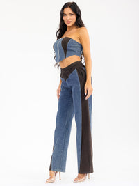 WOMEN'S SLEEVELESS CROP TOP & ELASTIC WAIST PANTS DENIM CONTRAST 2PC. SET