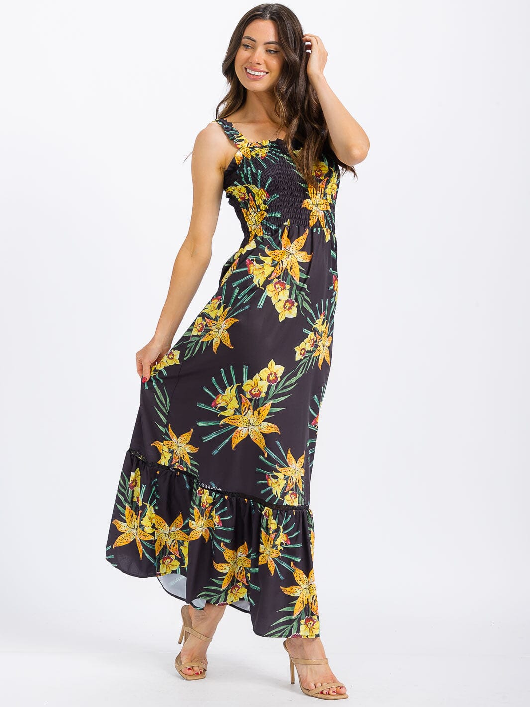 WOMEN'S SLEEVELESS SMOCK TIERED FLORAL MAXI DRESS