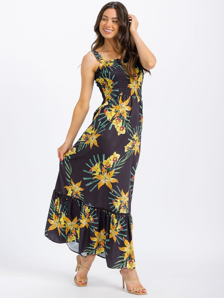 WOMEN'S SLEEVELESS SMOCK TIERED FLORAL MAXI DRESS