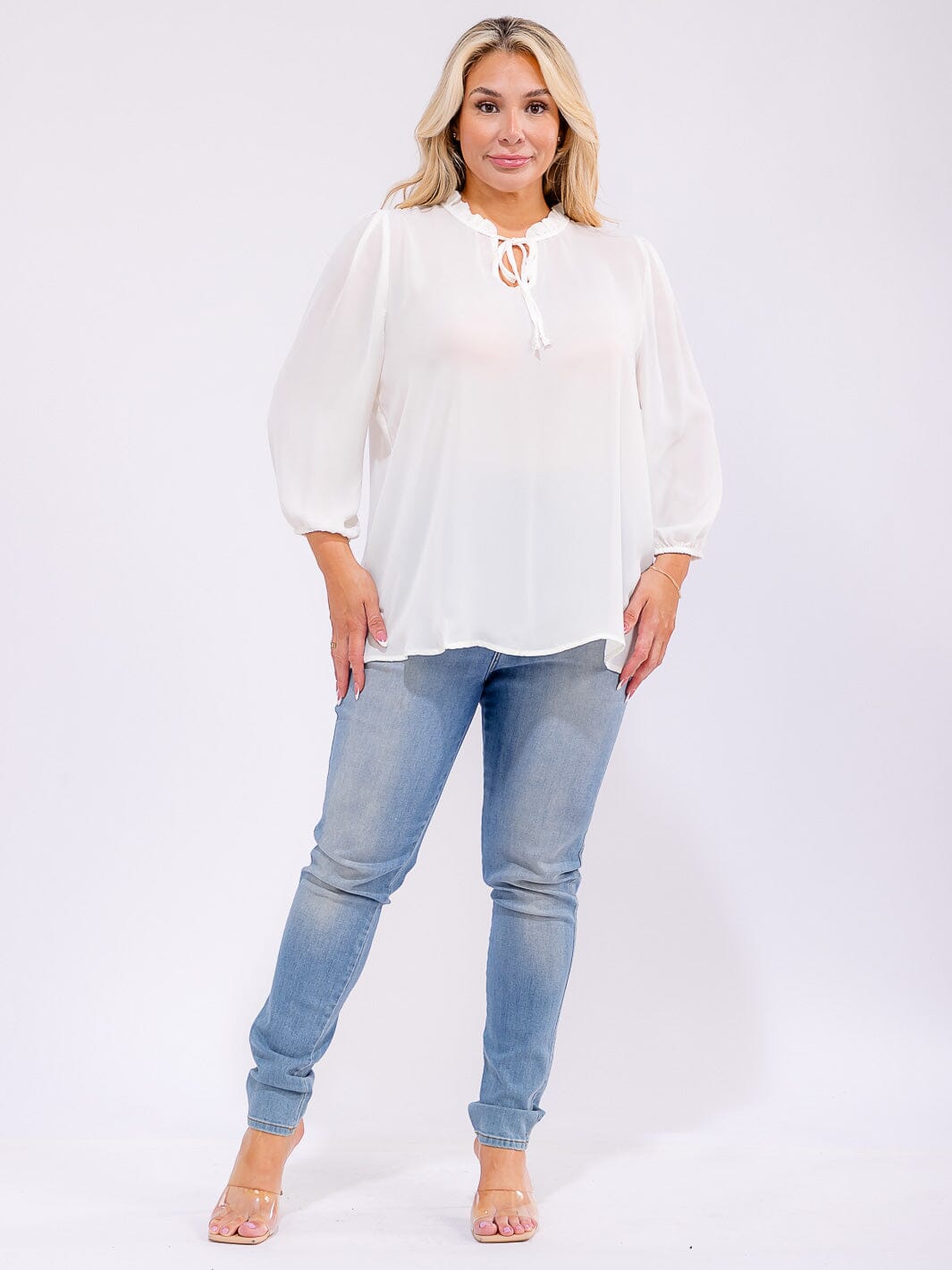 PLUS SIZE LONG SLEEVE V-NECK WOVEN BLOUSE