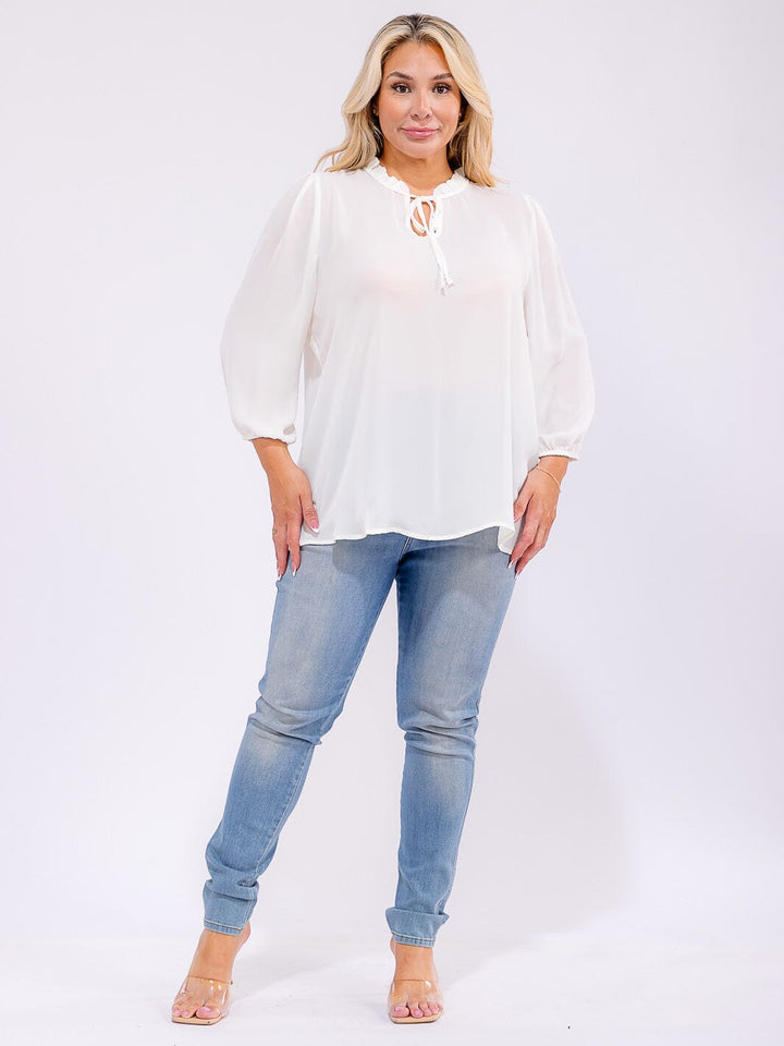 PLUS SIZE LONG SLEEVE V-NECK WOVEN BLOUSE
