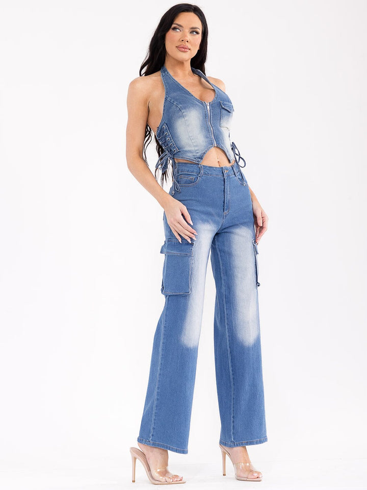 WOMEN'S SLEEVELESS TOP & BUTTON CLOSURE PANTS WASHED DENIM 2PC. SET