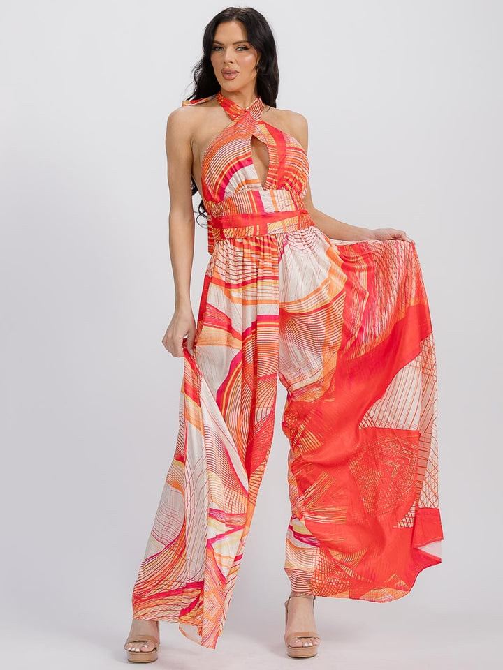 WOMEN'S SLEEVELESS HALTER NECK FRONT POCKETS PRINTED WIDE LEG JUMPSUIT