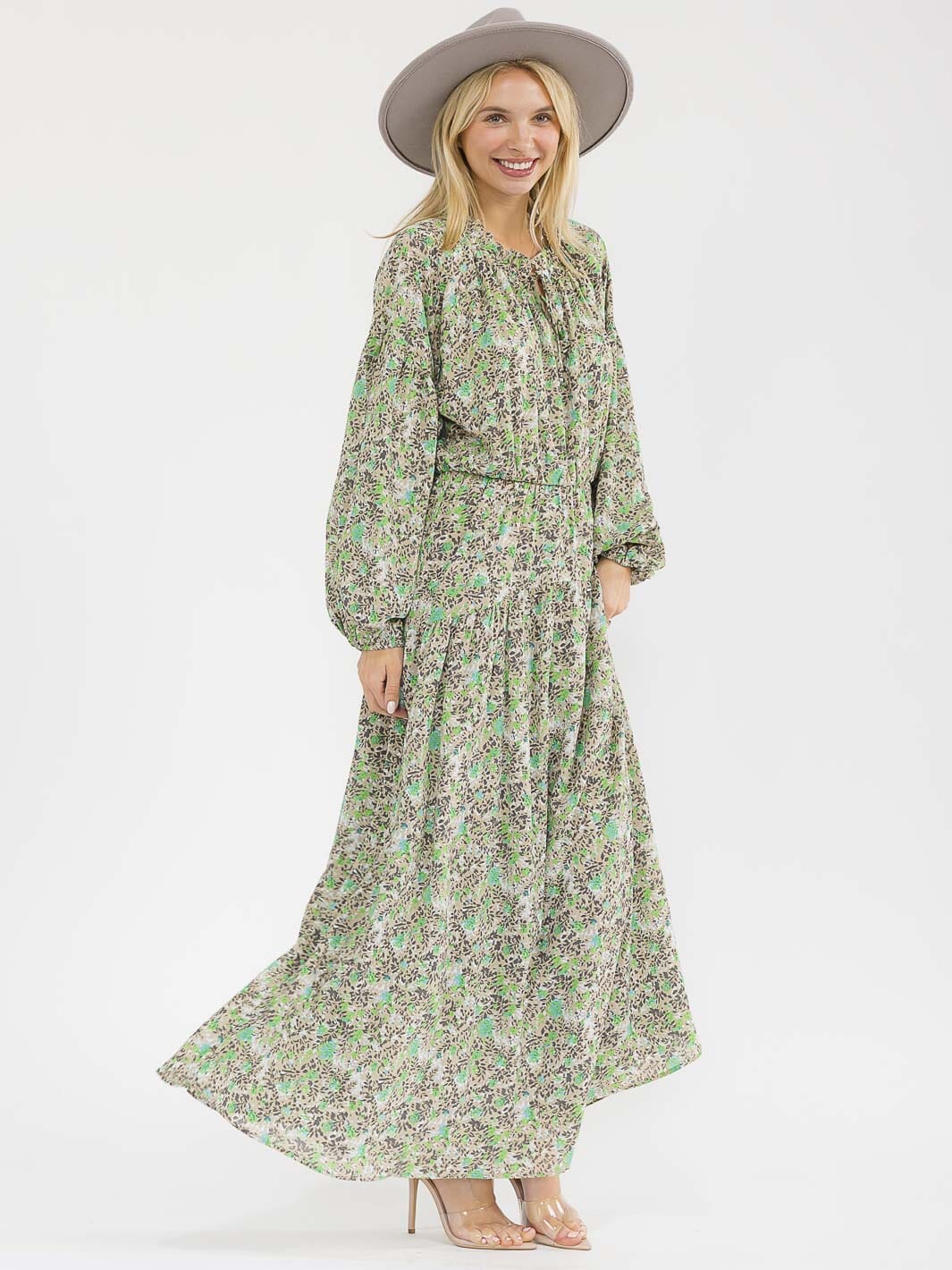 WOMEN'S LONG SLEEVES ELASTIC WAIST FLORAL PRINT MAXI DRESS