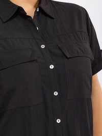 PLUS SIZE SHORT SLEEVE BUTTON UP FRONT POCKETS BLOUSE