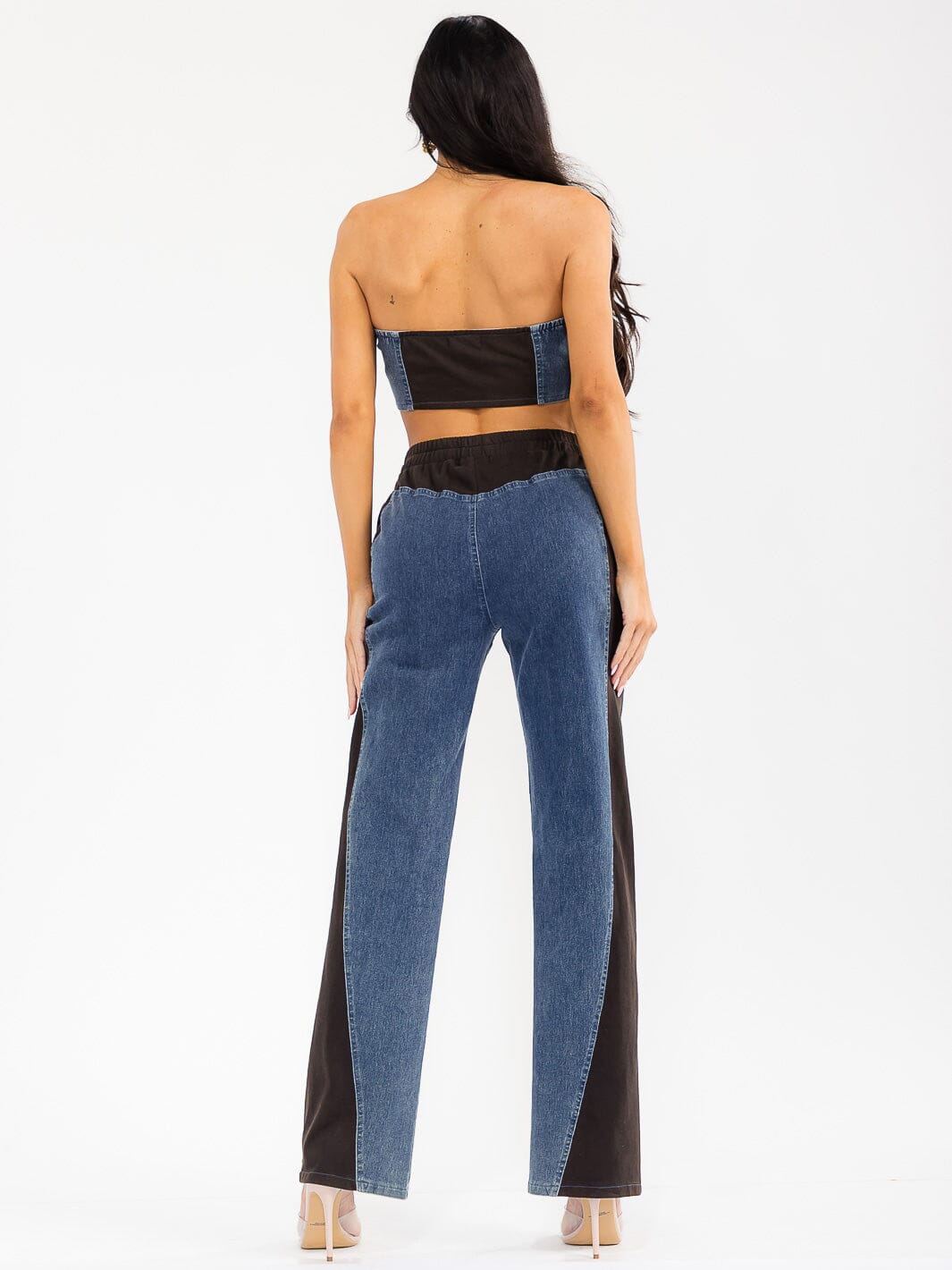 WOMEN'S SLEEVELESS CROP TOP & ELASTIC WAIST PANTS DENIM CONTRAST 2PC. SET