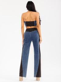 WOMEN'S SLEEVELESS CROP TOP & ELASTIC WAIST PANTS DENIM CONTRAST 2PC. SET