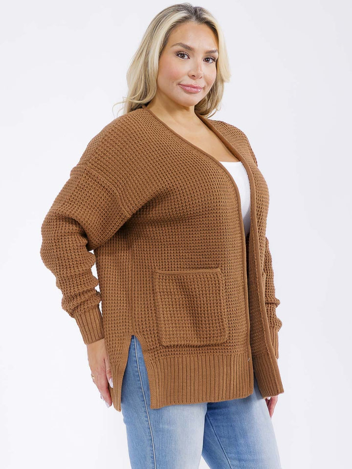 PLUS SIZE LONG SLEEVE FRONT POCKETS OPEN FRONT KNITTED CARDIGAN