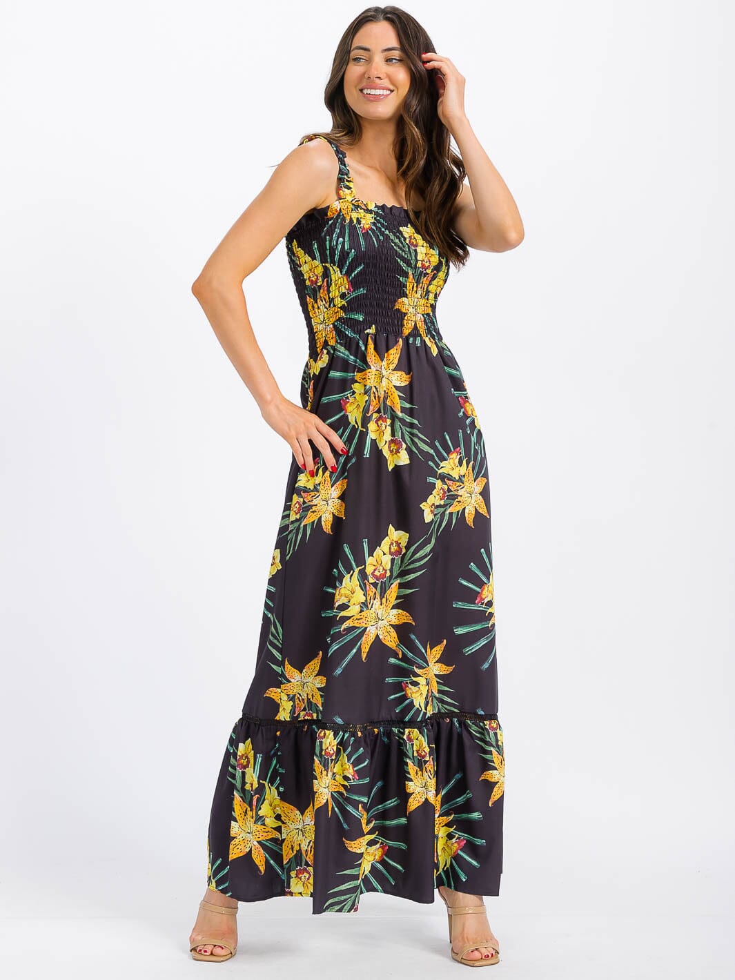 WOMEN'S SLEEVELESS SMOCK TIERED FLORAL MAXI DRESS
