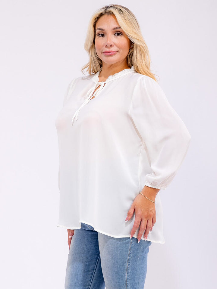 PLUS SIZE LONG SLEEVE V-NECK WOVEN BLOUSE